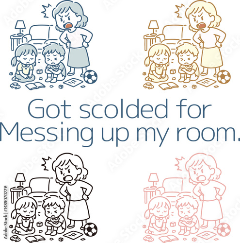 部屋を散らかした子供たちと怒っているママ