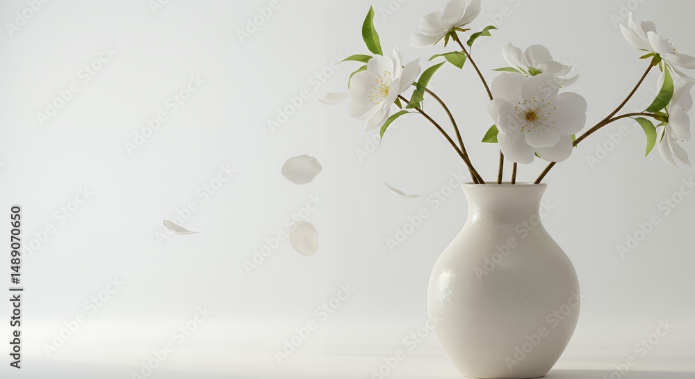 Close Up of White Flower Blossoms in Vase with Drifting Petals Against Pale White Background Close Up of White Flower Blossoms in Vase with Drifting Petals Against Pale White Background