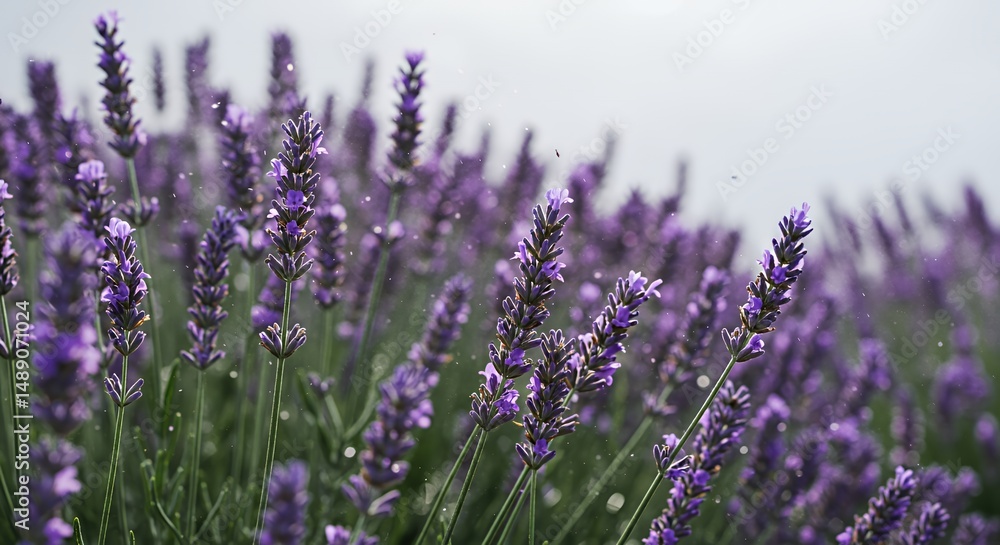 Fototapeta premium Blooming Lavender Field in Close Up Detail High Angle View Under Natural Lighting