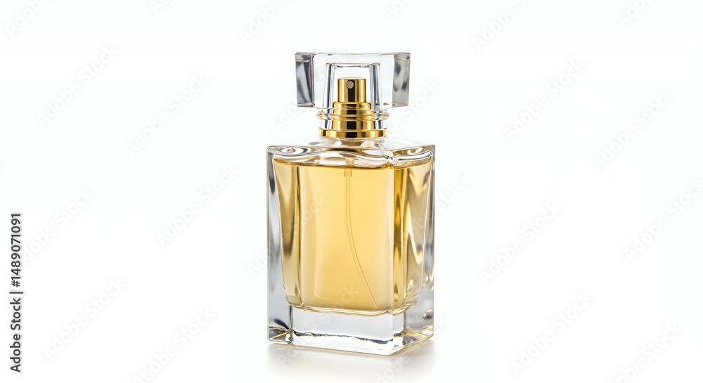 Elegant Perfume Bottle on White Background Glass and Golden Liquid Elegant Perfume Bottle on White Background Glass and Golden Liquid