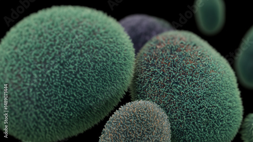 Close-up of spherical, textured microorganisms