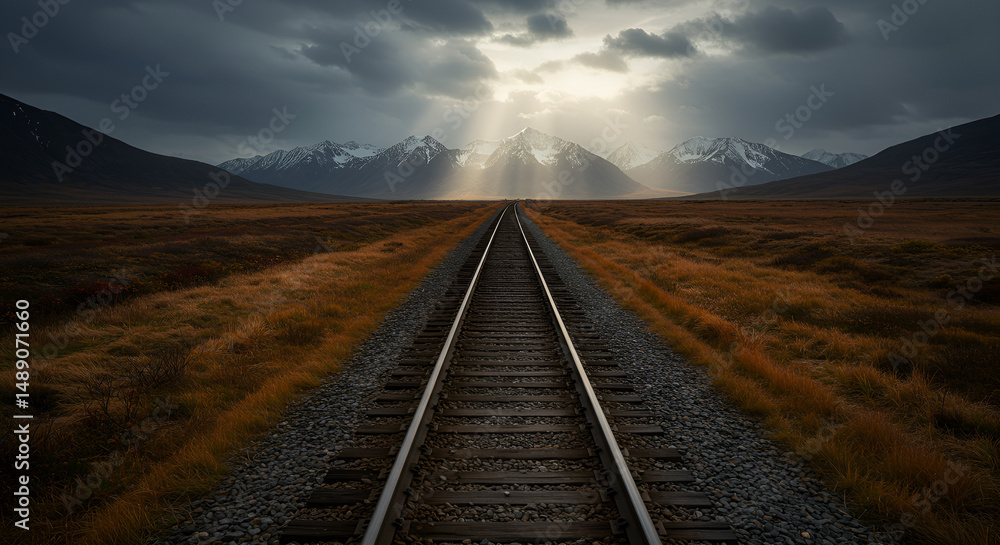 Fototapeta premium Symmetrical Train Rails Stretching to Icy Alpine Horizon