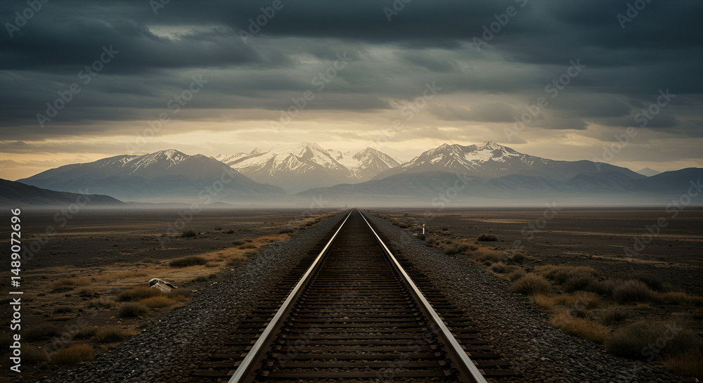 Fototapeta premium Dramatic Overcast Sky Above Train Tracks and Alpine Peaks