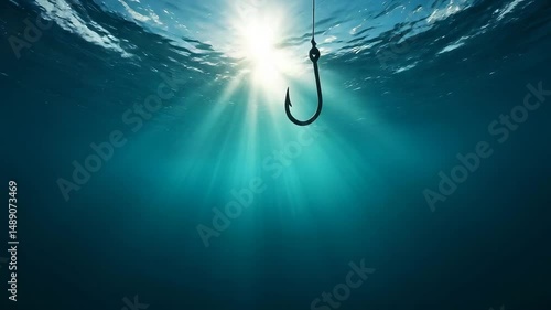 Underwater Fishing Hook Dangling in Bright Sunlight Rays