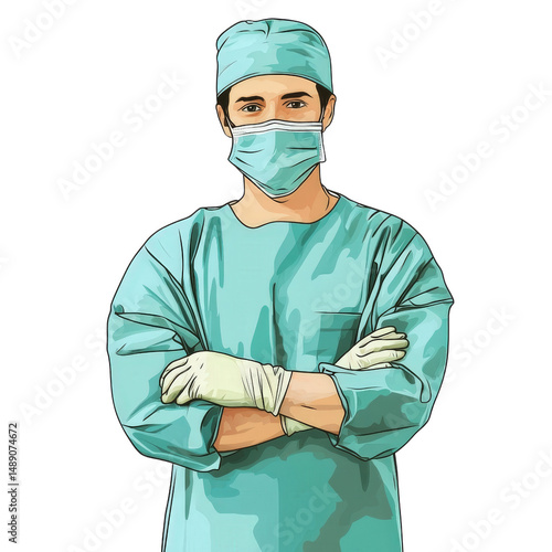 Portrait of a Confident Surgeon: A skilled and dedicated surgeon stands confidently, adorned in surgical attire and mask, ready to assist patients with professionalism. 