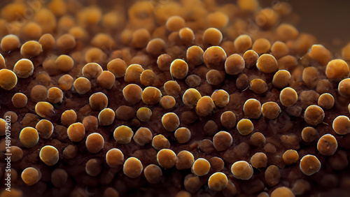 Close-up view of numerous small, round, brownish-orange seed-like structures densely packed together