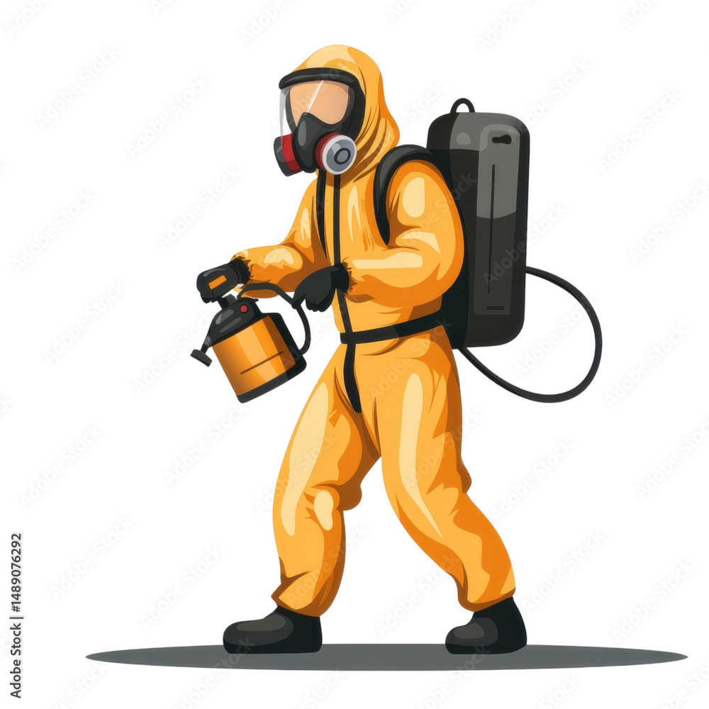 Obraz premium Hazardous Zone: A person, donned in a hazmat suit, carries out spraying. This illustrates the importance of safety measures and precaution in environments. 