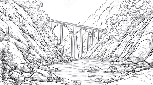 Wallpaper Mural Stone bridge spanning river gorge, lush greenery background, travel illustration Torontodigital.ca