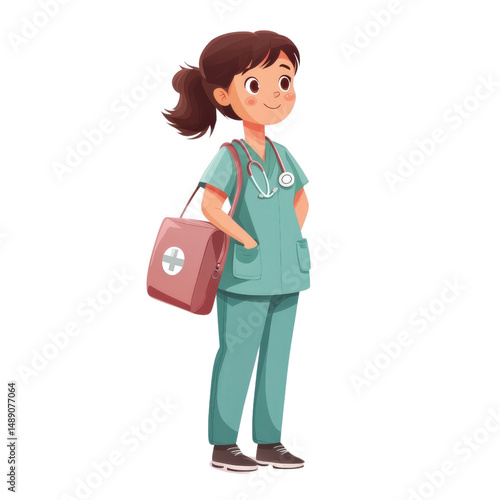 Smiling Nurse Cartoon: A cheerful cartoon illustration of a young female nurse in teal scrubs, carrying a first aid kit, exuding confidence and care.