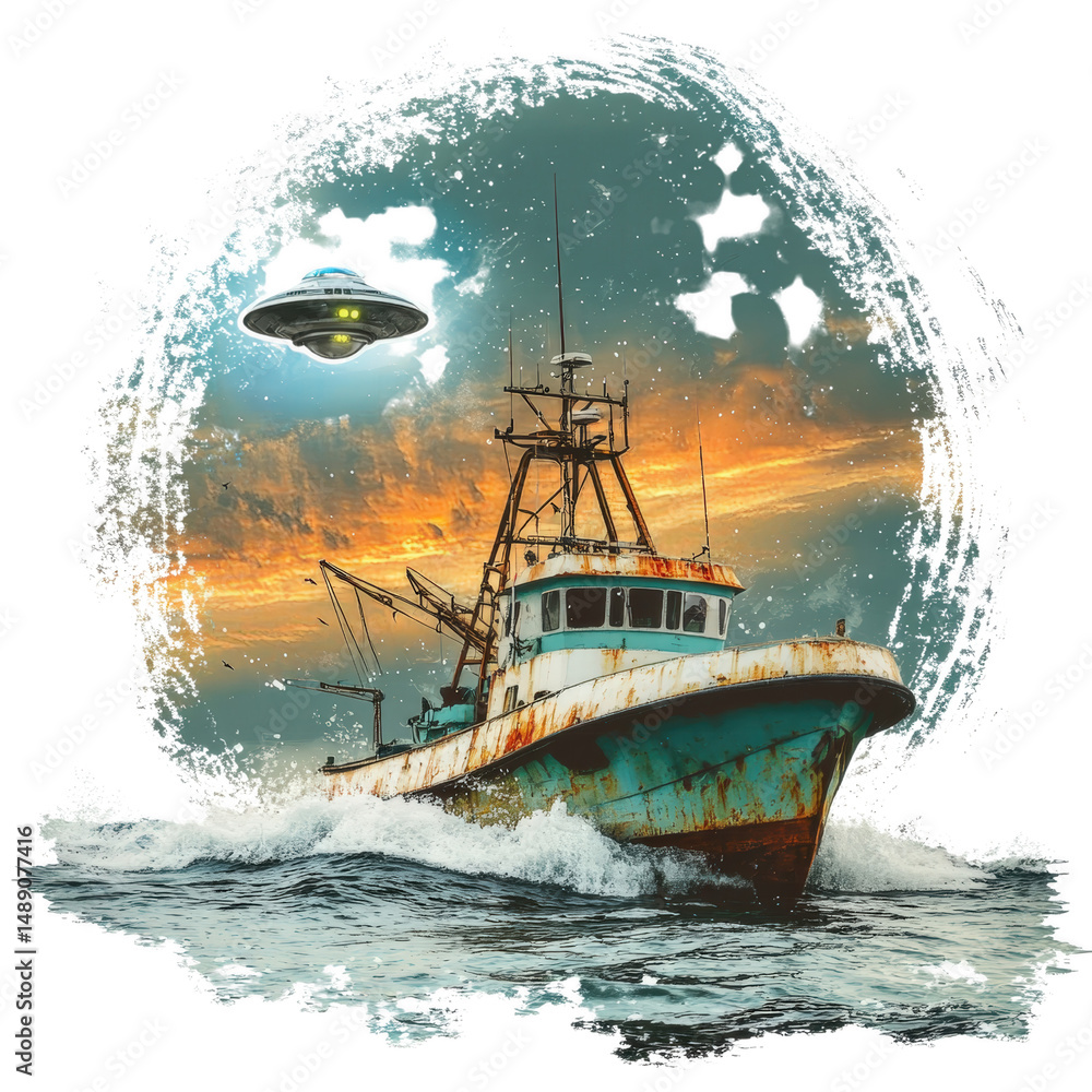 Obraz premium Mysterious Encounter: A weathered fishing boat braves the open sea beneath a vibrant sunset sky, as an unidentified flying object hovers above, hinting at an otherworldly event. 