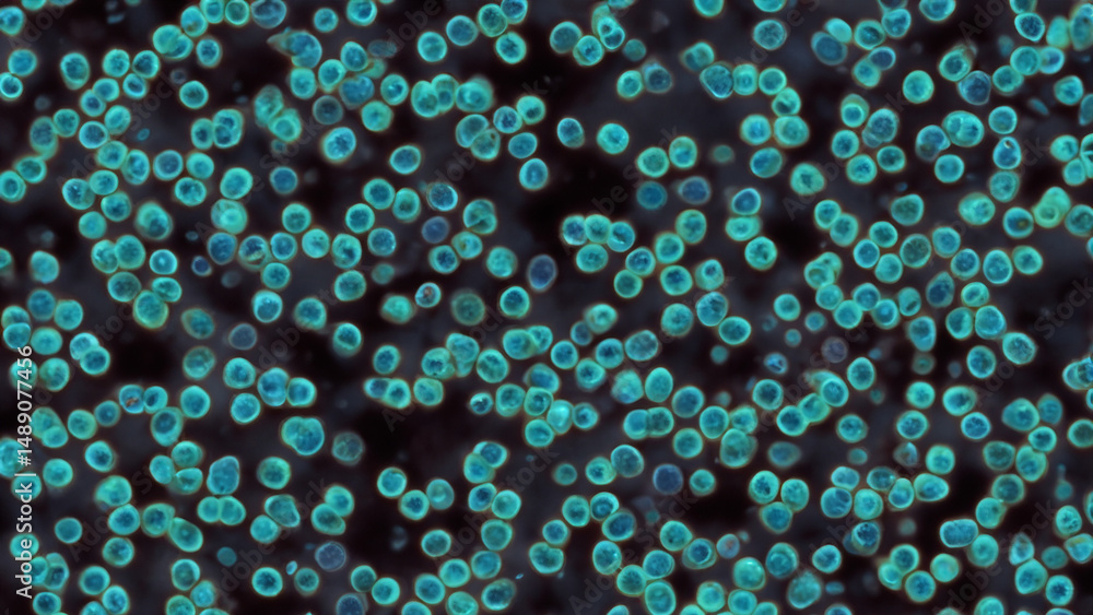 Microscopic view of numerous teal-colored, circular cells on a dark background Microscopic view of numerous teal-colored, circular cells on a dark background