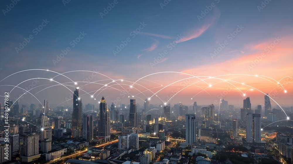 Fototapeta premium Urban Cityscape with Network Connections at Dusk