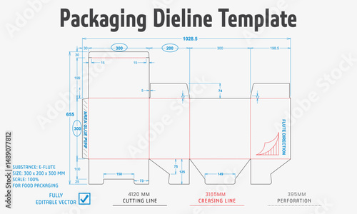 Packaging Dieline Template. 2D Technical Drawing File Eps Scale. Fully editable vector. Prepared for industrial production.