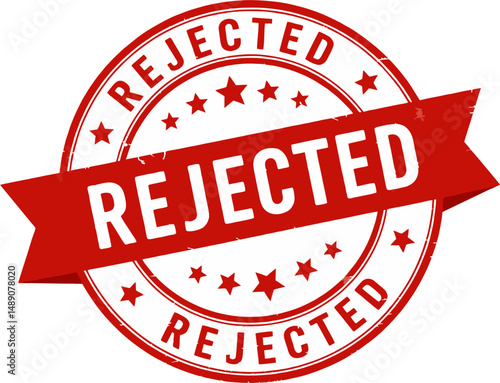 Rejected Logo Rubber Stamp Badge Vector Illustration – Red Round Denial Seal with Ribbon, Declined Approval Label for Business and Documents