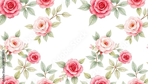 Wallpaper Mural Delicate watercolor roses & leaves, repeating pattern, botanical illustration, rose pattern, nature Torontodigital.ca