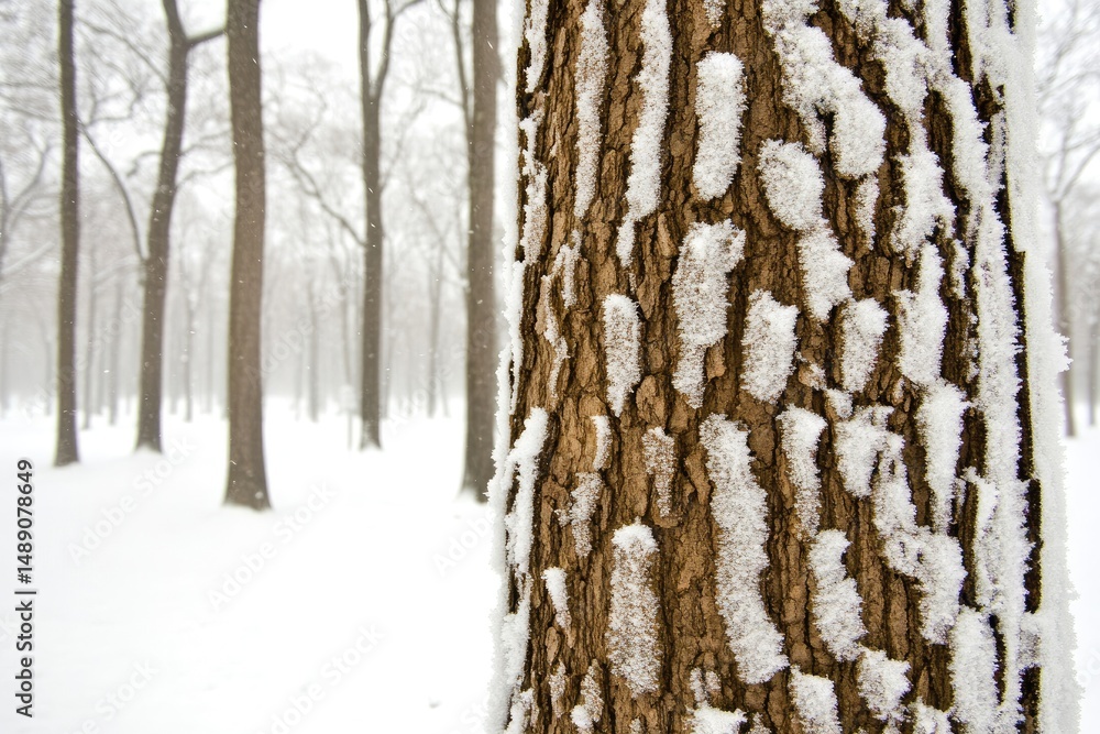 Fototapeta premium Snowy tree trunk in winter forest