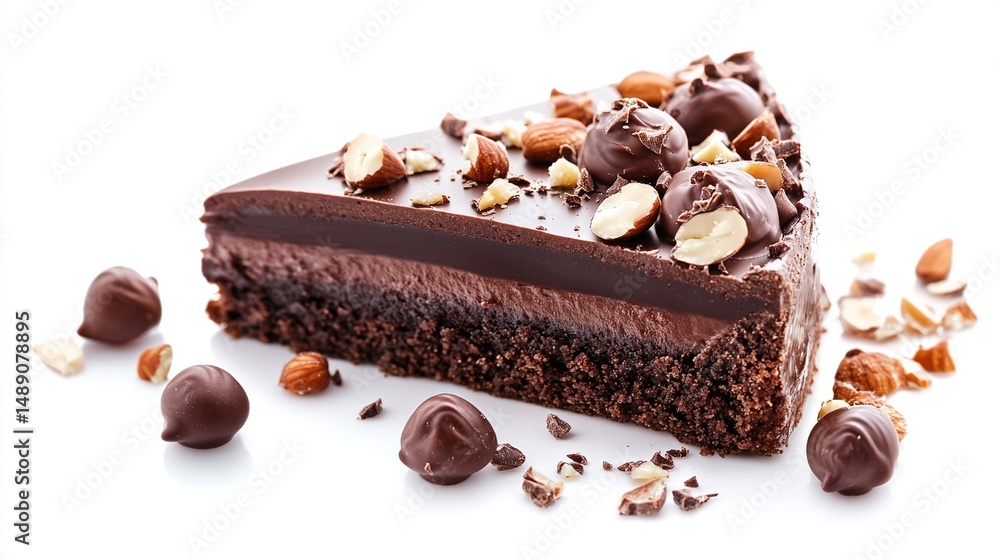 Decadent chocolate cake slice with nuts & ganache on white, close-up Decadent chocolate cake slice with nuts & ganache on white, close-up