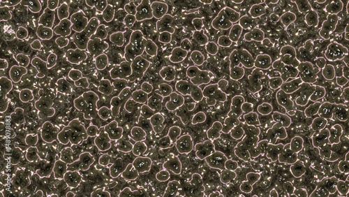 Abstract textured pattern of dark-brown, olive-green, and light-purple blobs
