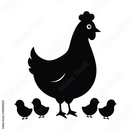 Hen with Chicks Vector Silhouette Illustration