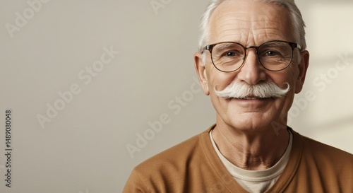 Portrait of a senior man with mustache and glasses looking at camera