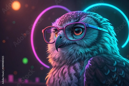 Smart owl wearing glasses with colorful neon lighting - generated by ai