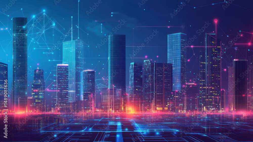Futuristic city skyline with interconnected network connections and vibrant glow Futuristic city skyline with interconnected network connections and vibrant glow
