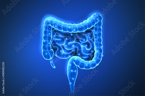 Abstract isolated wireframe intestinal human digestive system. Gut health, bowel disease, gastrointestinal tract.