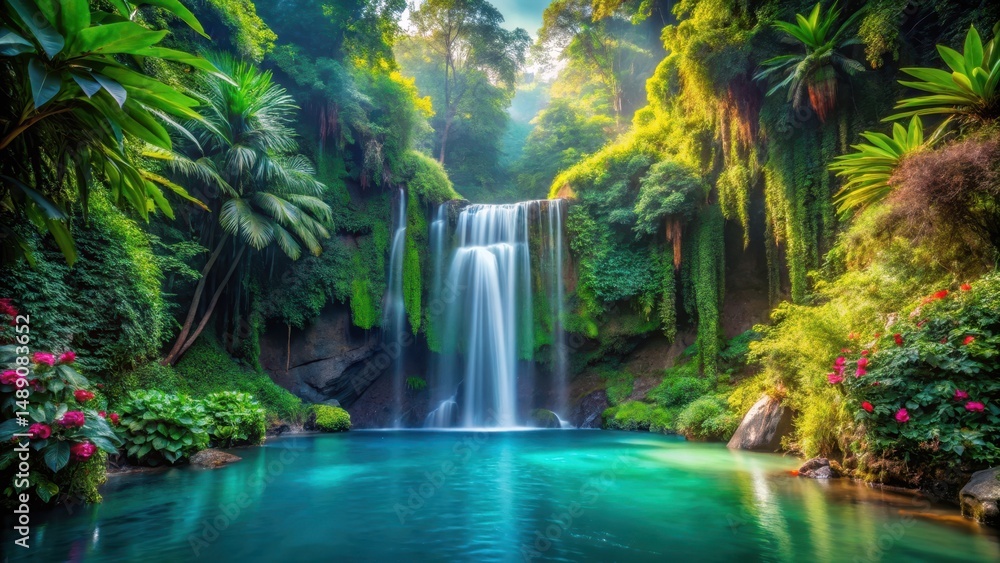 Obraz premium Serene Waterfall Cascading into a Vibrant Emerald Pool, Surrounded by Lush Tropical Foliage and Blooming Flowers