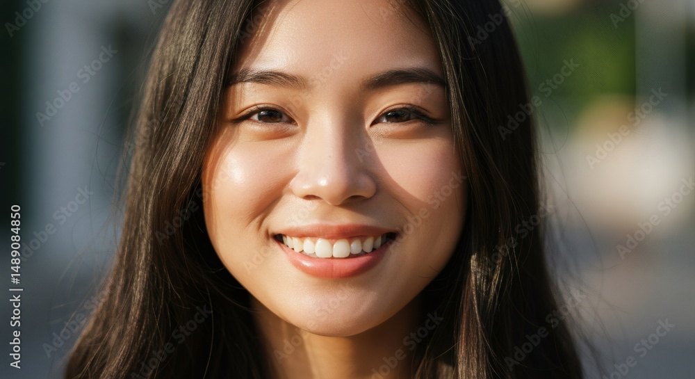 Obraz premium Portrait of beautiful asian woman smiling with perfect white teeth outdoors