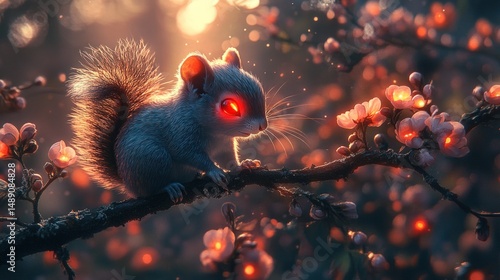 Mystical squirrel amidst glowing blossoms