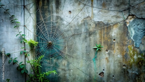 Intricate Spiderweb Adorning Weathered Wall with Lush Greenery