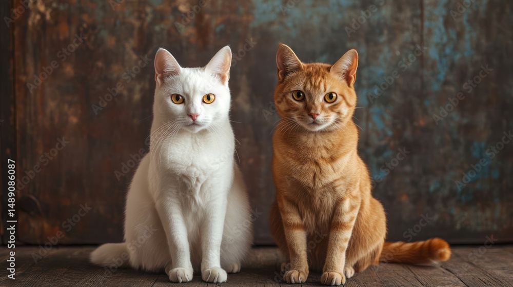 Obraz premium Two cats, one white, one orange, sitting side-by-side