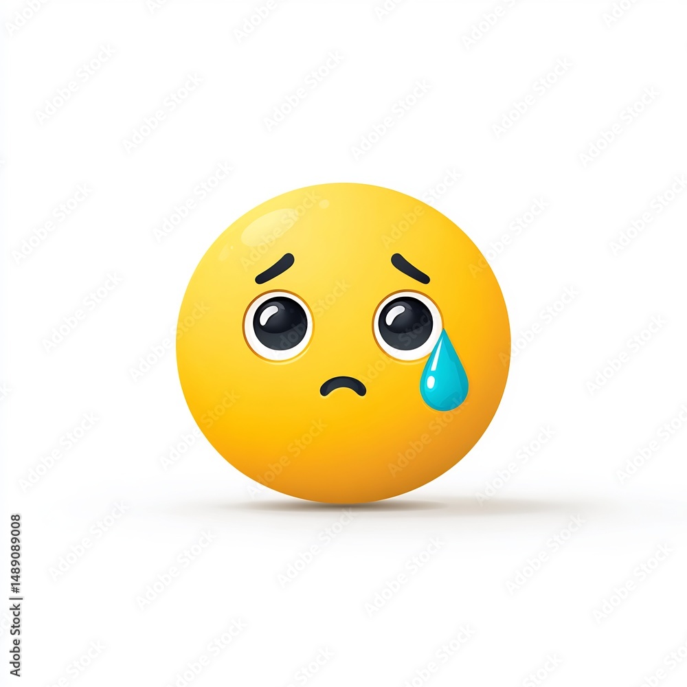 Fototapeta premium Sad face emoji with tear on white background