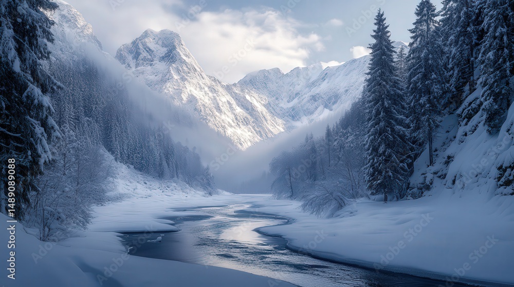 Obraz premium Snowy mountain valley with a winding frozen river.