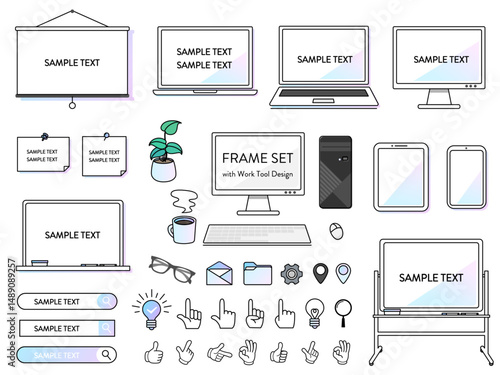 パソコン　タブット　スマートフォン　メモ帳　ファイル　吹き出し　オフィスのインテリアのフレームセット