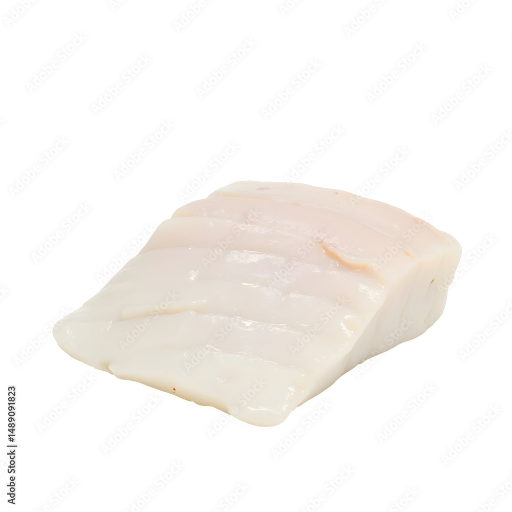 Close-up of a Fresh Thick-Cut Halibut Fillet isolated against Plain background, exhibiting texture and potential for culinary use Close-up of a Fresh Thick-Cut Halibut Fillet isolated against Plain background, exhibiting texture and potential for culinary use