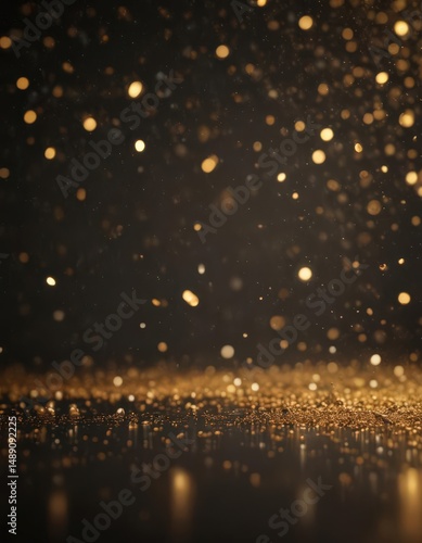 Glowing golden particles float on a dark background  Subtle bokeh effect ,  cosmic,  photography