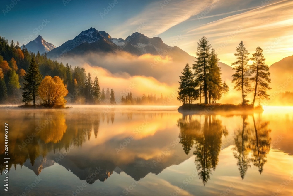 Fototapeta premium Golden Sunrise Reflection on Calm Lake Surrounded by Misty Mountains and Autumnal Trees