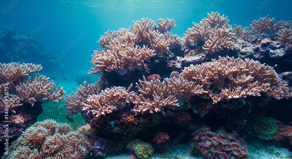 Fototapeta premium Colorful Coral Reefs Gently Swaying In Tropical Blue Ocean Waters