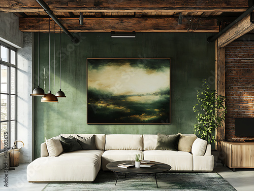 A modern living room with exposed beams, a large abstract painting, and a comfortable sectional sofa