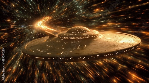 Fototapeta Naklejka Na Ścianę i Meble -  Starship Entering Warp Speed Through a Cosmic Wormhole in Deep Space