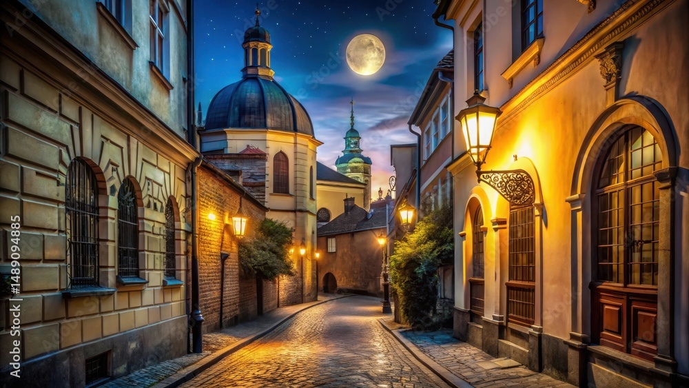 Fototapeta premium Serene Nighttime Streetscape Cobblestone Pathway Illuminated by Golden Lamplight, Ancient Architecture, and a Full Moon