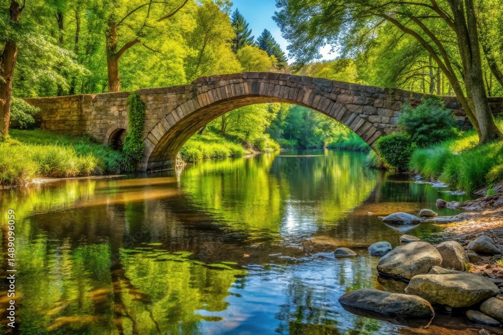 Fototapeta premium Serene Stone Arch Bridge Spanning a Tranquil River in Lush Green Foliage