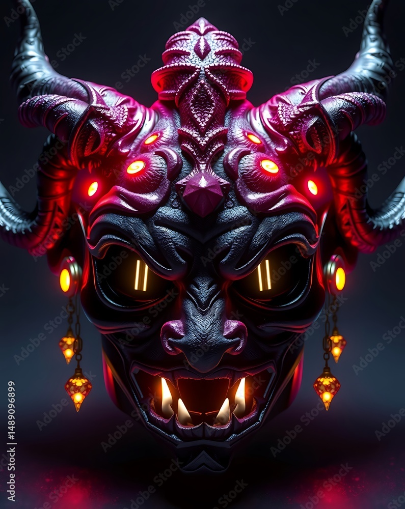Naklejka premium Abstract demonic face with horns glowing red eyes and sharp teeth.