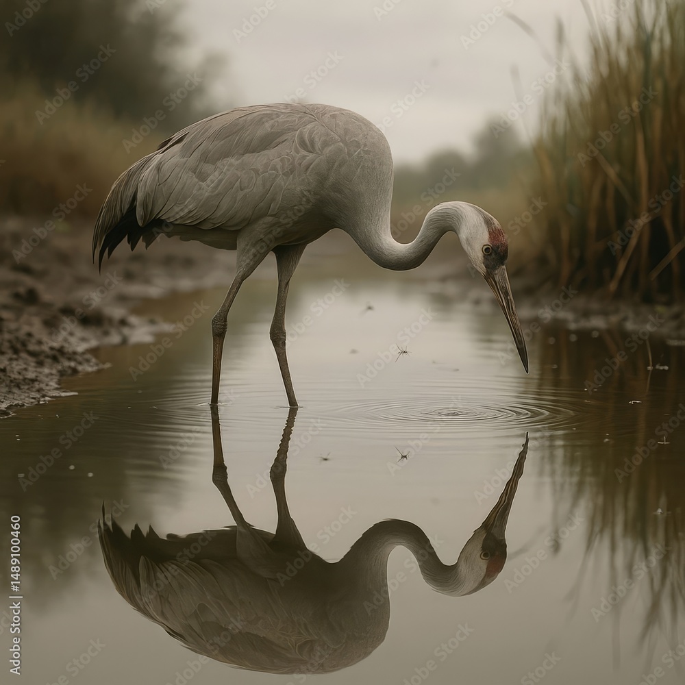 Obraz premium Elegant Demoiselle Crane in Wetland Habitat A Stunning Reflection