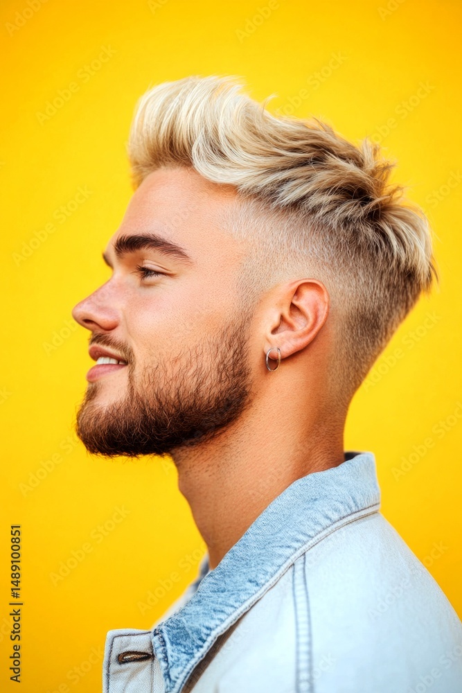Obraz premium Concept art of style for aging men. Yellow solid background. Trendy men's mid fade haircut - midlife white man with blond hair. A modern and happy gentleman enjoying his moment.