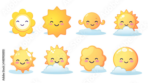 Cheerful kawaii sun and cloud characters for summer designs in a cute style