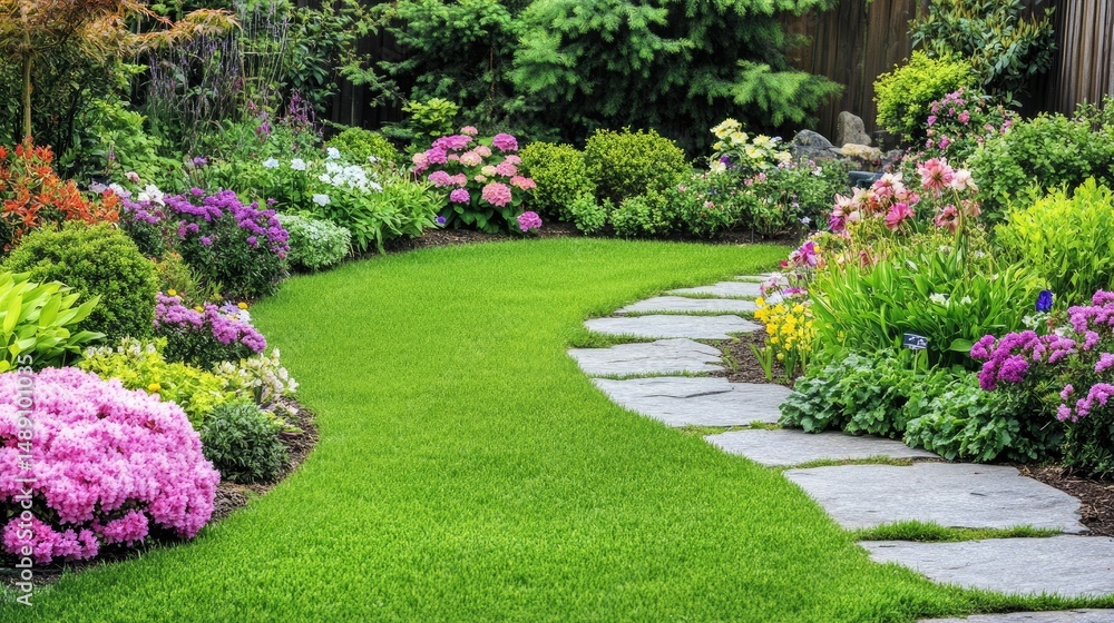 Obraz premium Peaceful garden with blooming summer flowers, trimmed hedges, and stone pathways