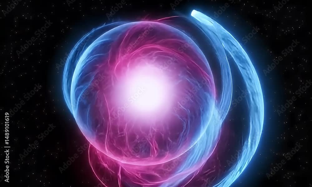Abstract Energy Sphere With Glowing Blue And Pink Elements Against Black Background Abstract Energy Sphere With Glowing Blue And Pink Elements Against Black Background