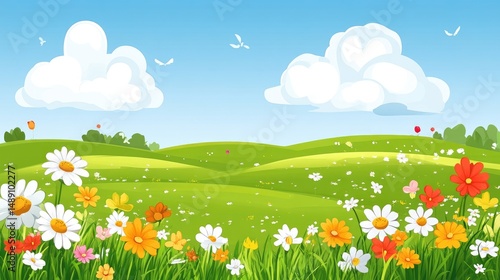 Rolling hills covered in fresh grass and colorful spring flowers beneath fluffy white clouds